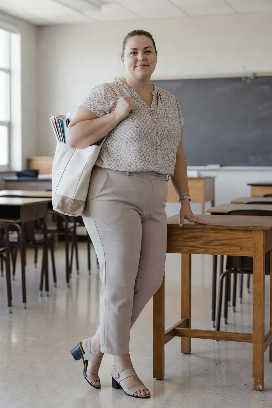 Woman in beige outfit standing by wooden desk in classroom.