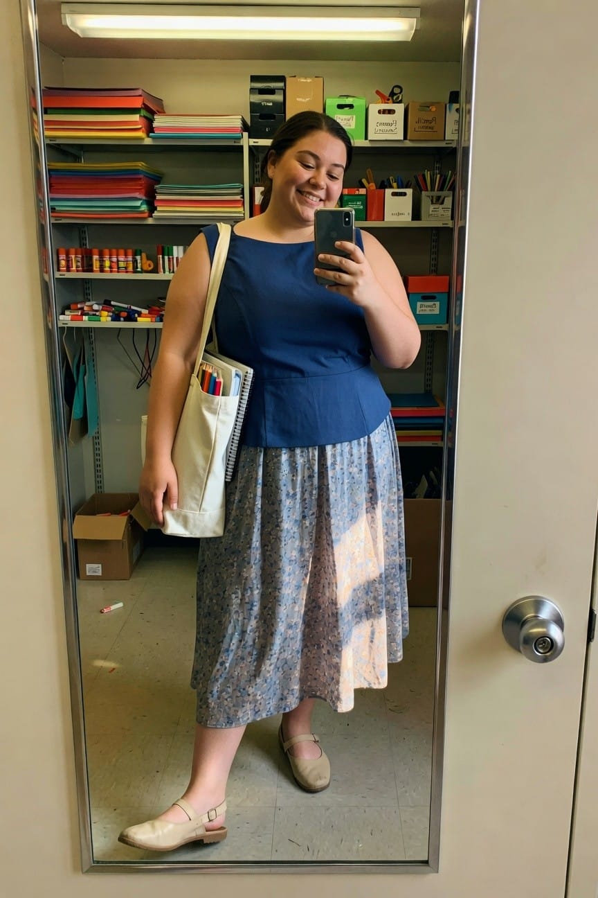 Woman in blue top and floral skirt taking a mirror selfie in classroom.
