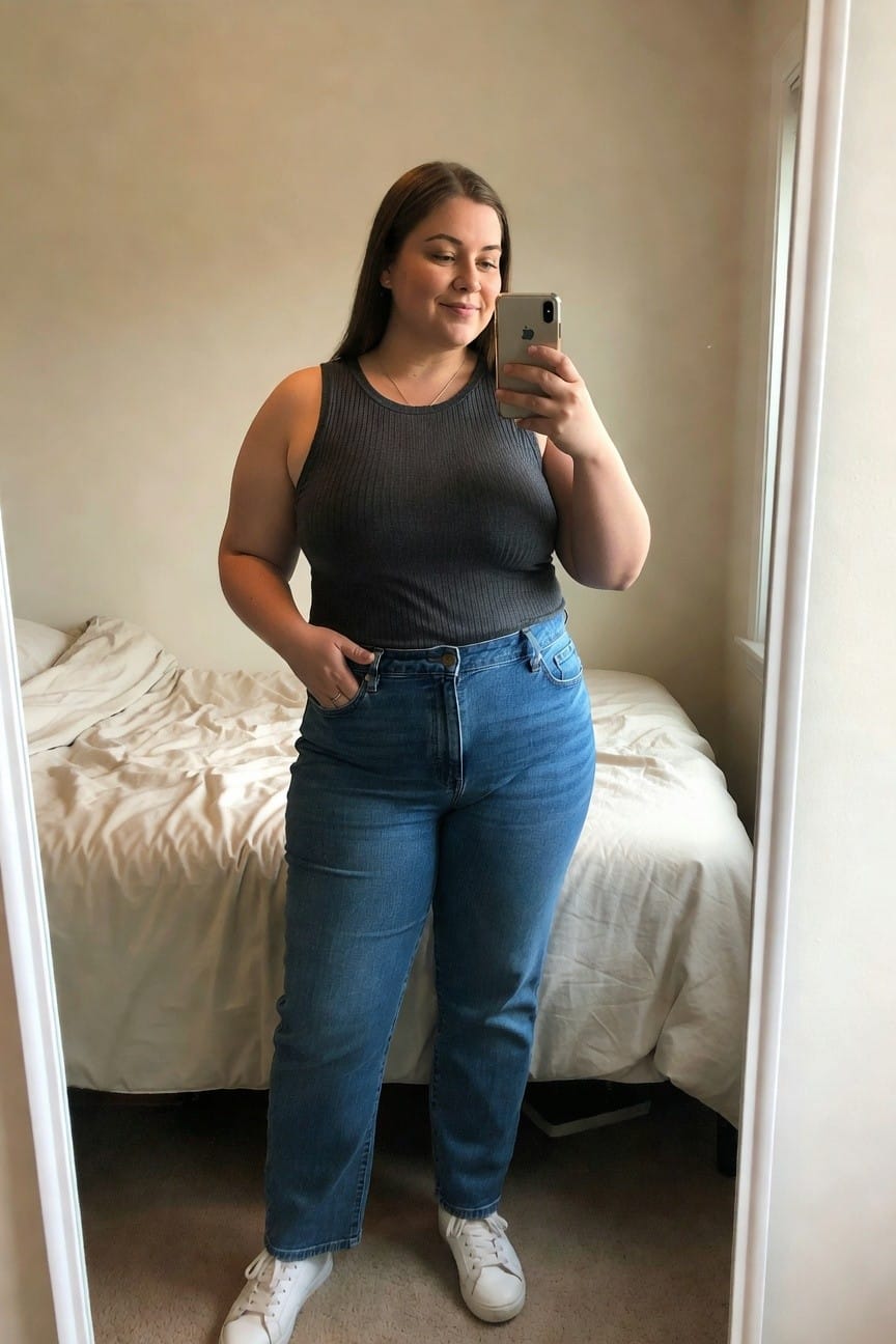 Woman in gray tank top and blue jeans taking a mirror selfie.