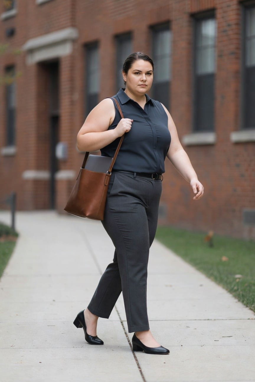 A woman in a gray sleeveless top and trousers carries a brown handbag.