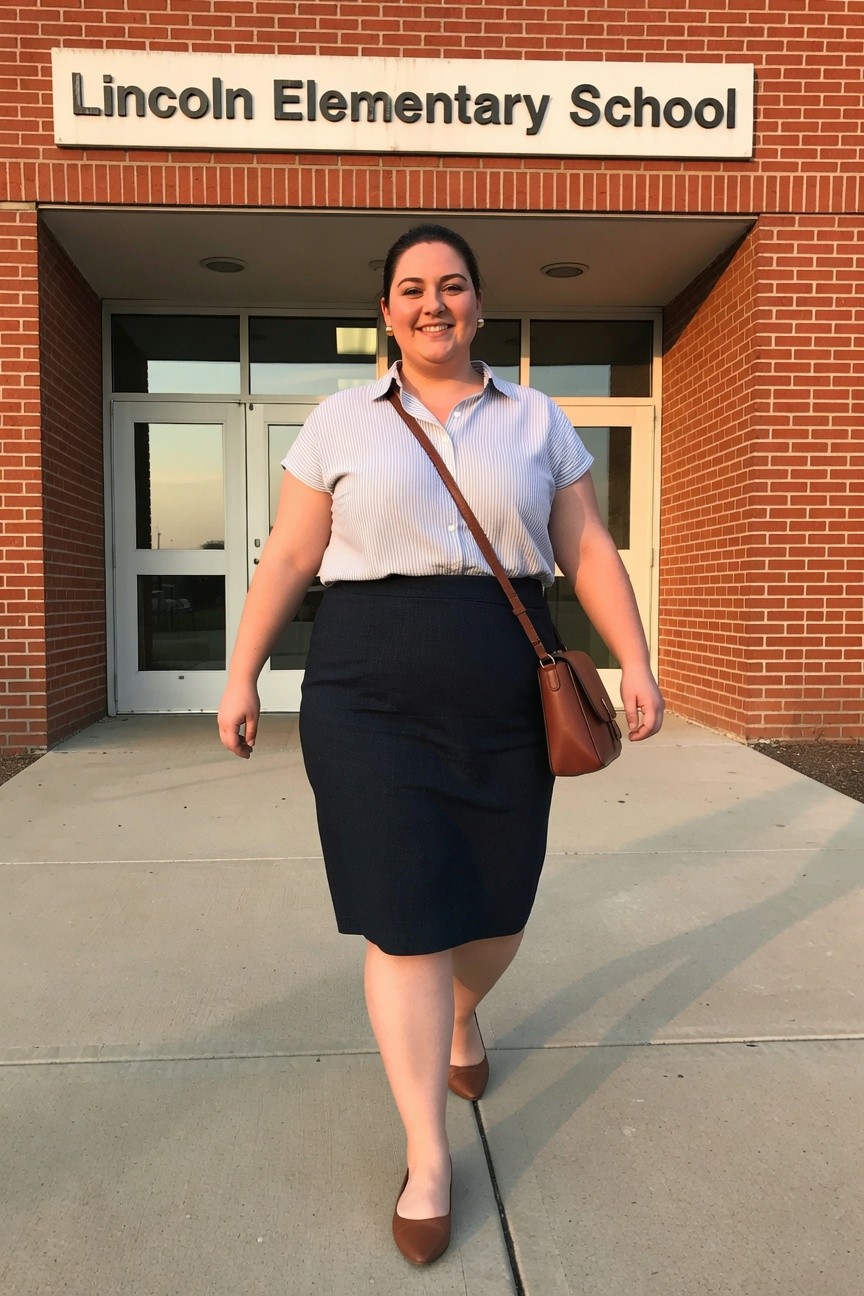 Woman in striped shirt and dark skirt smiles outside Lincoln Elementary School.