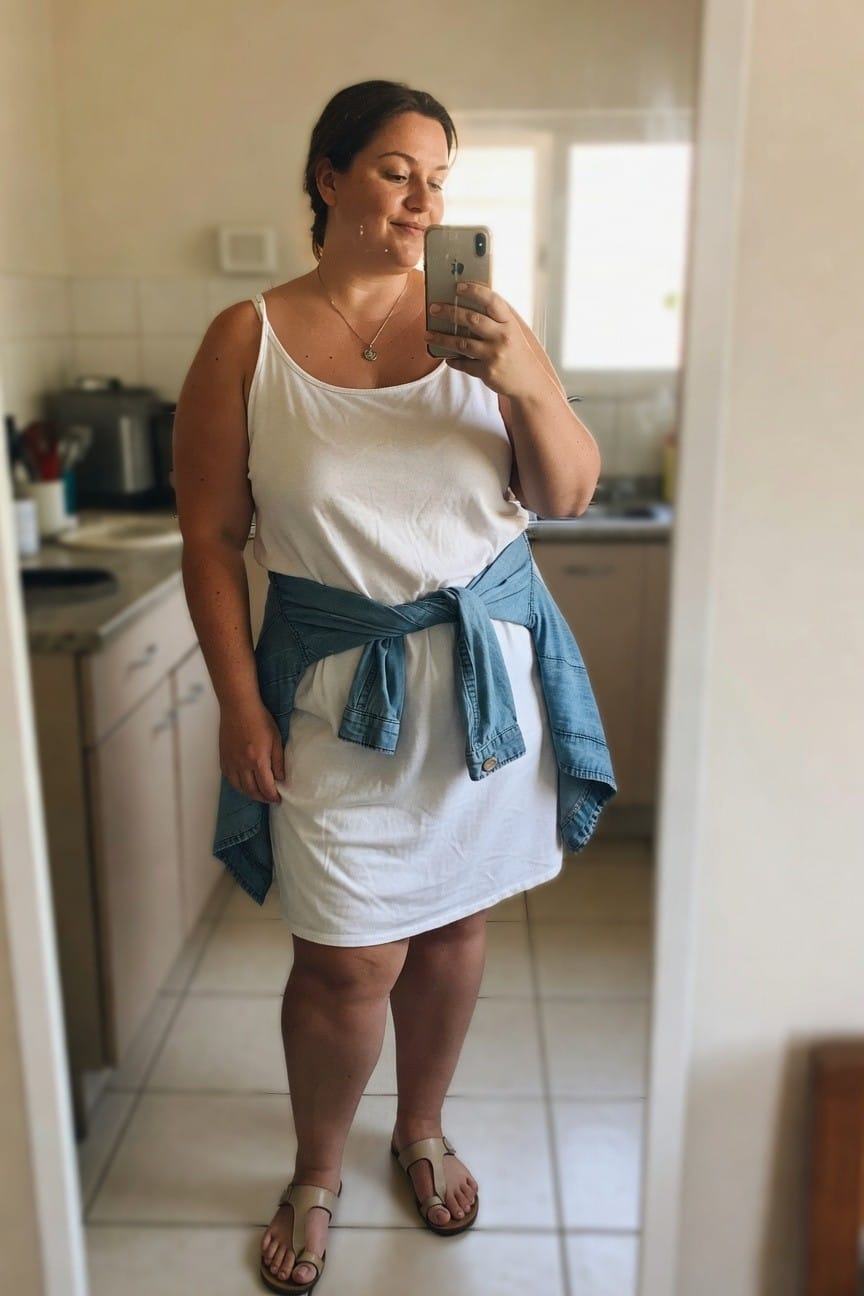 Woman in white dress and denim shirt taking a mirror selfie.