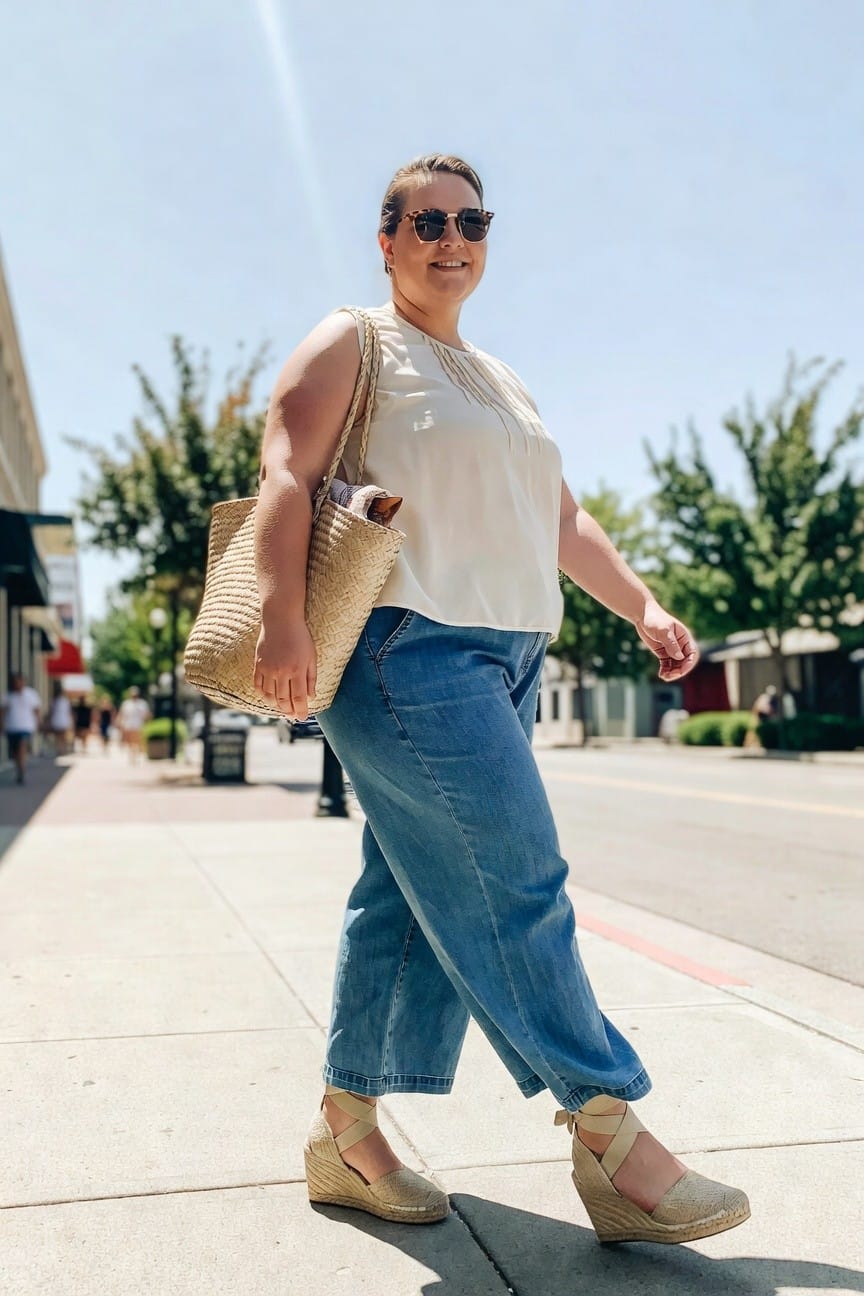 Woman in white top and blue jeans carrying woven tote bag on sunny street.