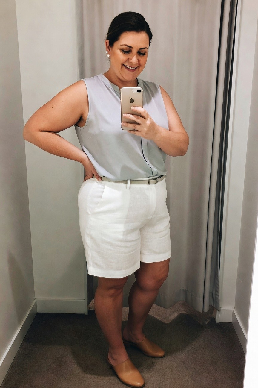 Woman in light blue sleeveless top and white shorts taking a mirror selfie.