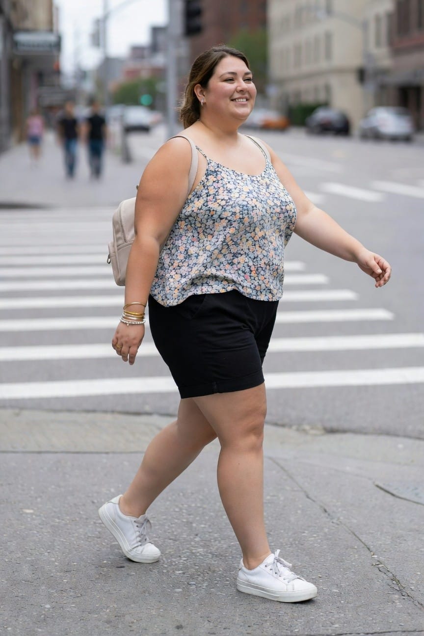 Plus size woman in a floral print sleeveless tank top and black mid-thigh shorts with white sneakers and a beige backpack, walking across a crosswalk in casual summer style.