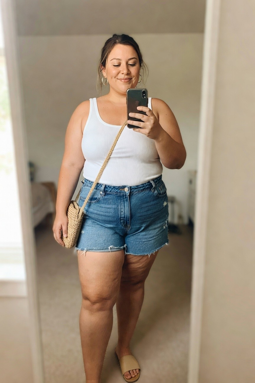 Woman in white tank top and denim shorts taking a mirror selfie.