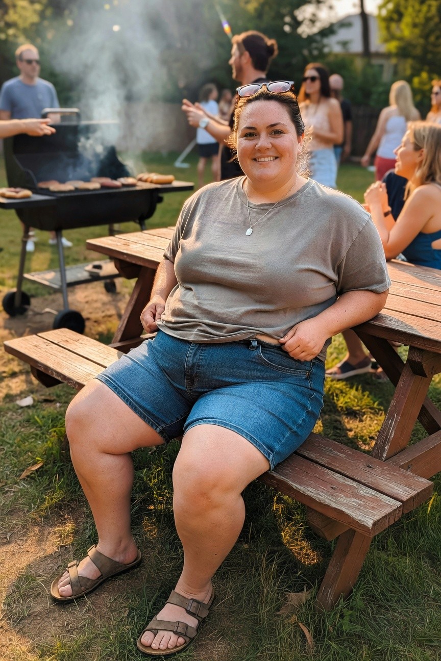 Smiling woman in gray shirt and denim shorts at backyard barbecue.