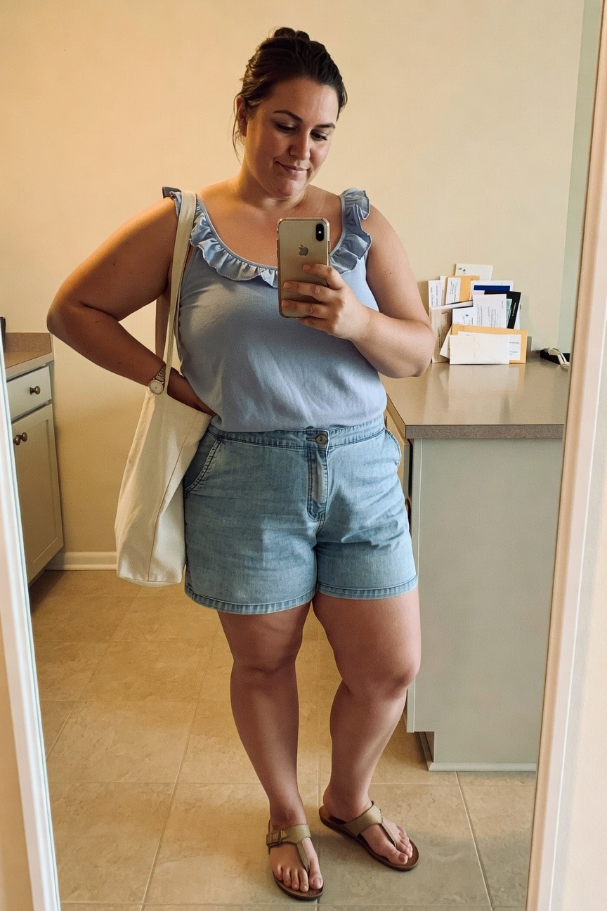Plus size woman wearing light blue denim shorts and a matching ruffle tank top with beige flip flops and a white tote bag in a casual indoor setting.