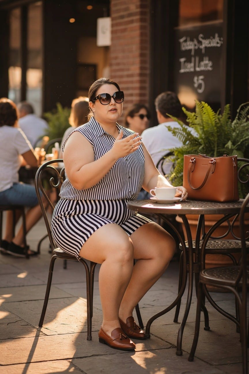A woman in a striped dress sits at an outdoor café table with coffee and a brown bag.