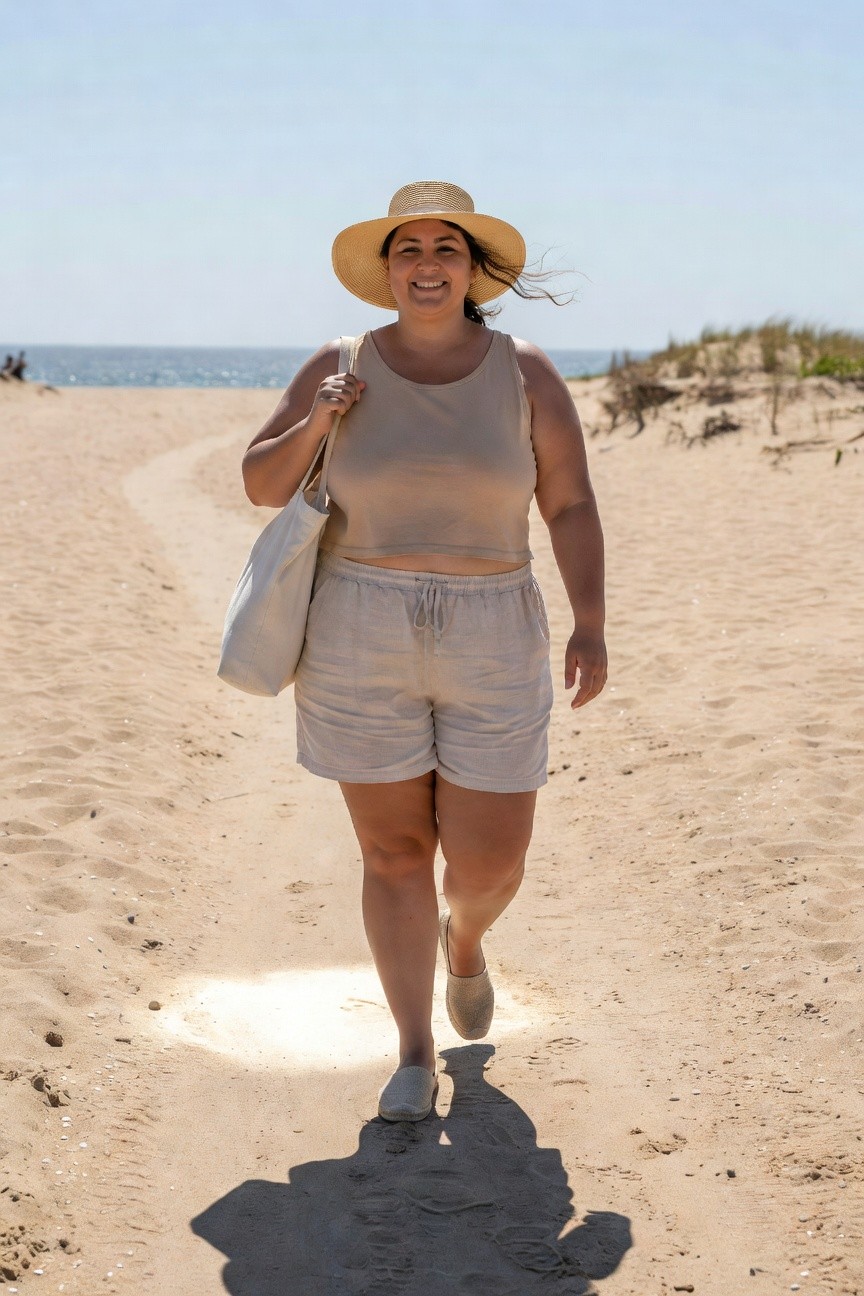 Woman in beige outfit and straw hat walking on sunny beach.