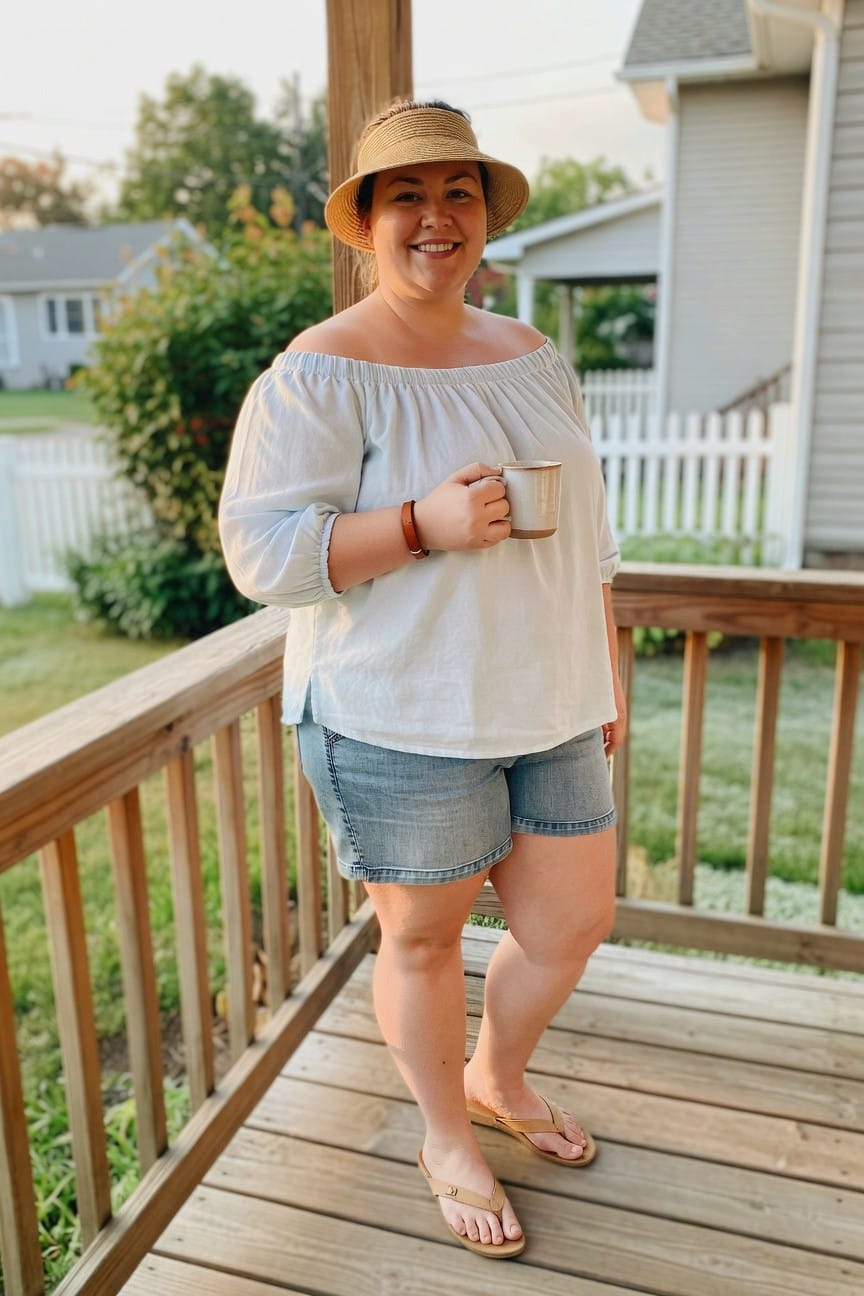 Woman in white off-shoulder top and denim shorts holding mug on wooden deck.