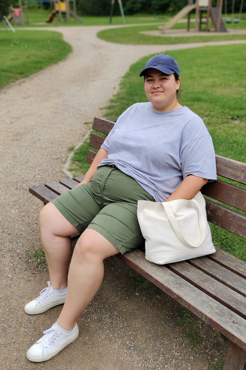 Plus size woman wearing olive green shorts, a light gray t shirt, white sneakers, a blue cap, and carrying a white tote bag while seated on a park bench.
