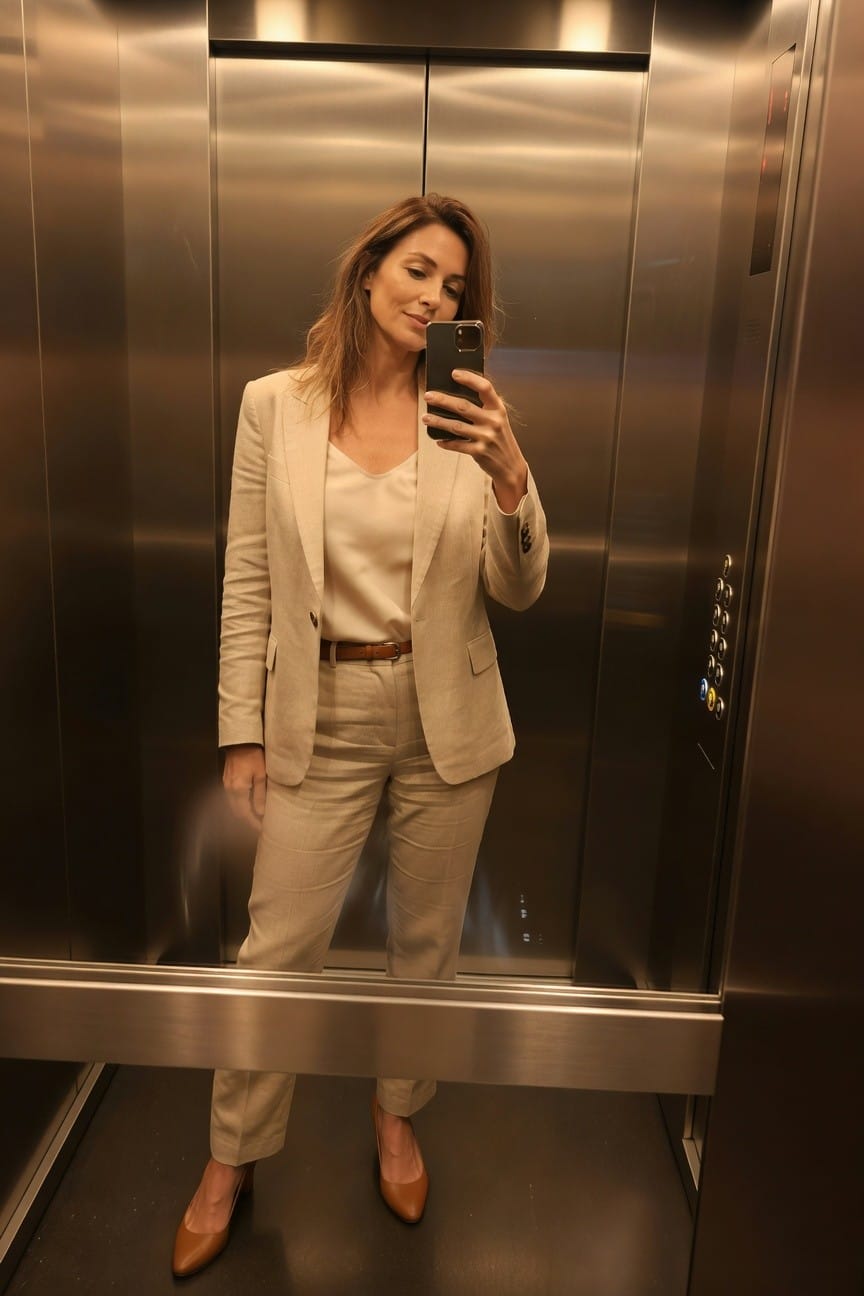 Woman in beige pantsuit taking mirror selfie inside elevator.