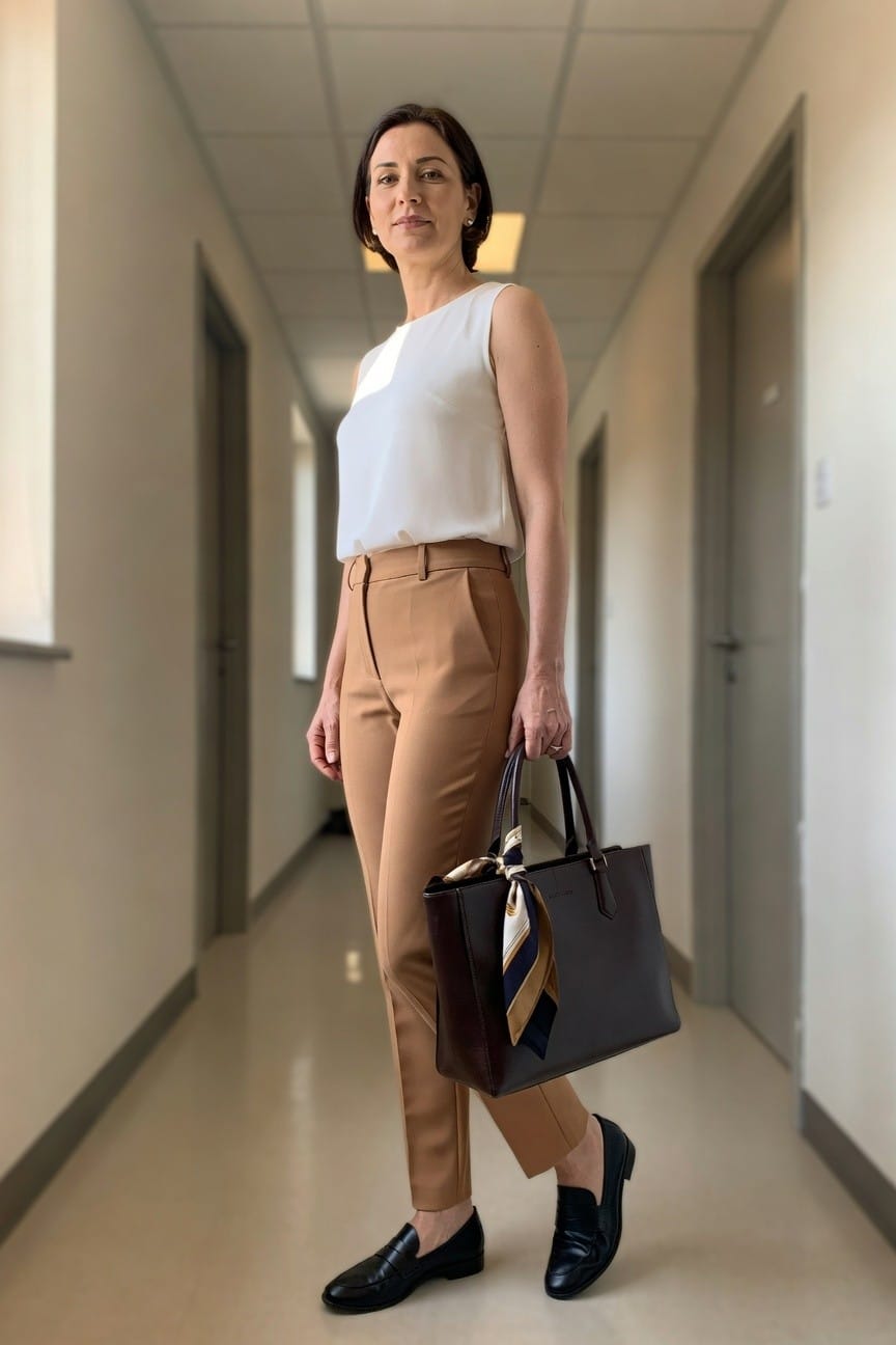 Woman in white blouse and tan pants holds brown tote bag in hallway.