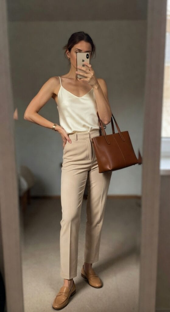 A woman poses in front of a mirror, wearing a cream satin camisole, beige tailored pants, and brown loafers, complemented by a matching tote bag.