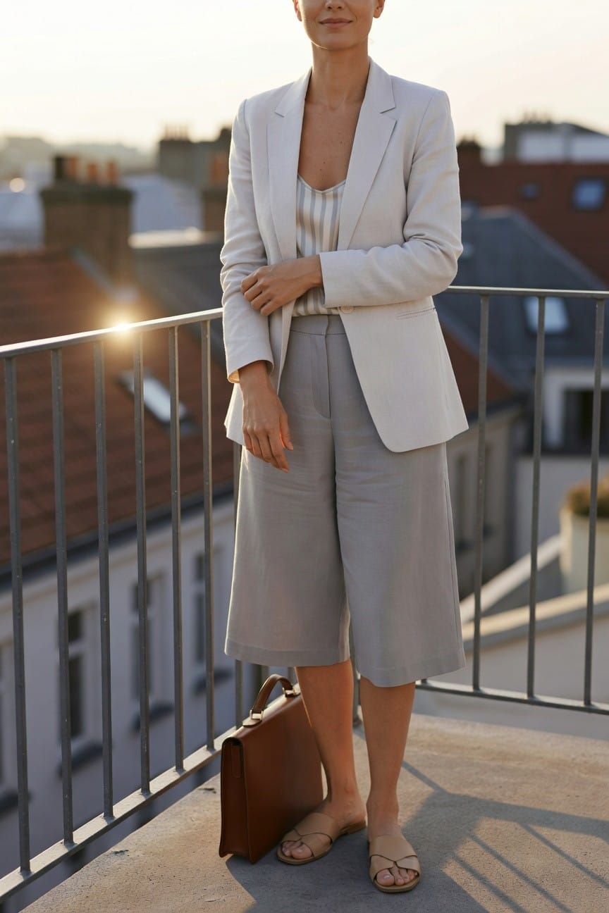 Woman in white blazer and gray shorts holding brown briefcase on balcony.