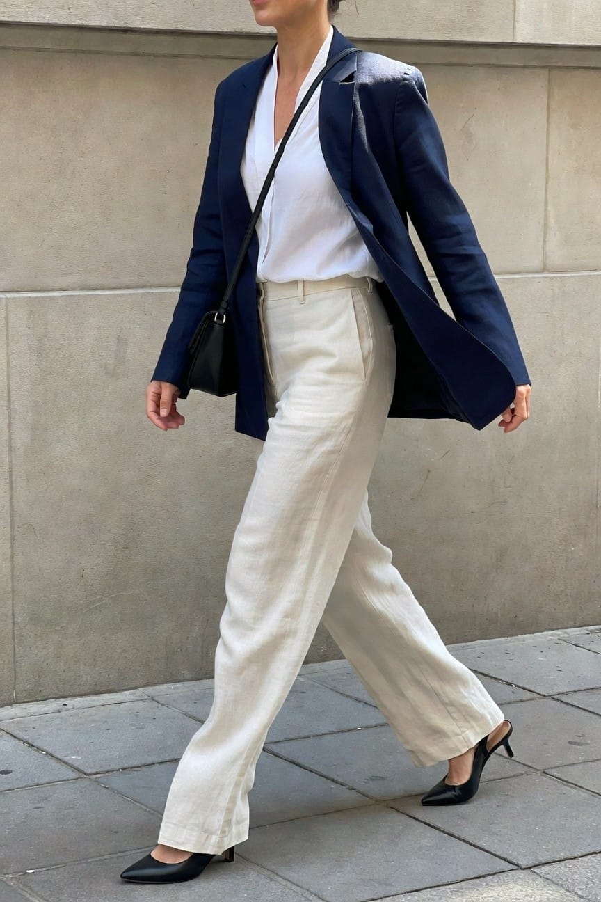 Woman in navy blazer and white linen pants walking on sidewalk.