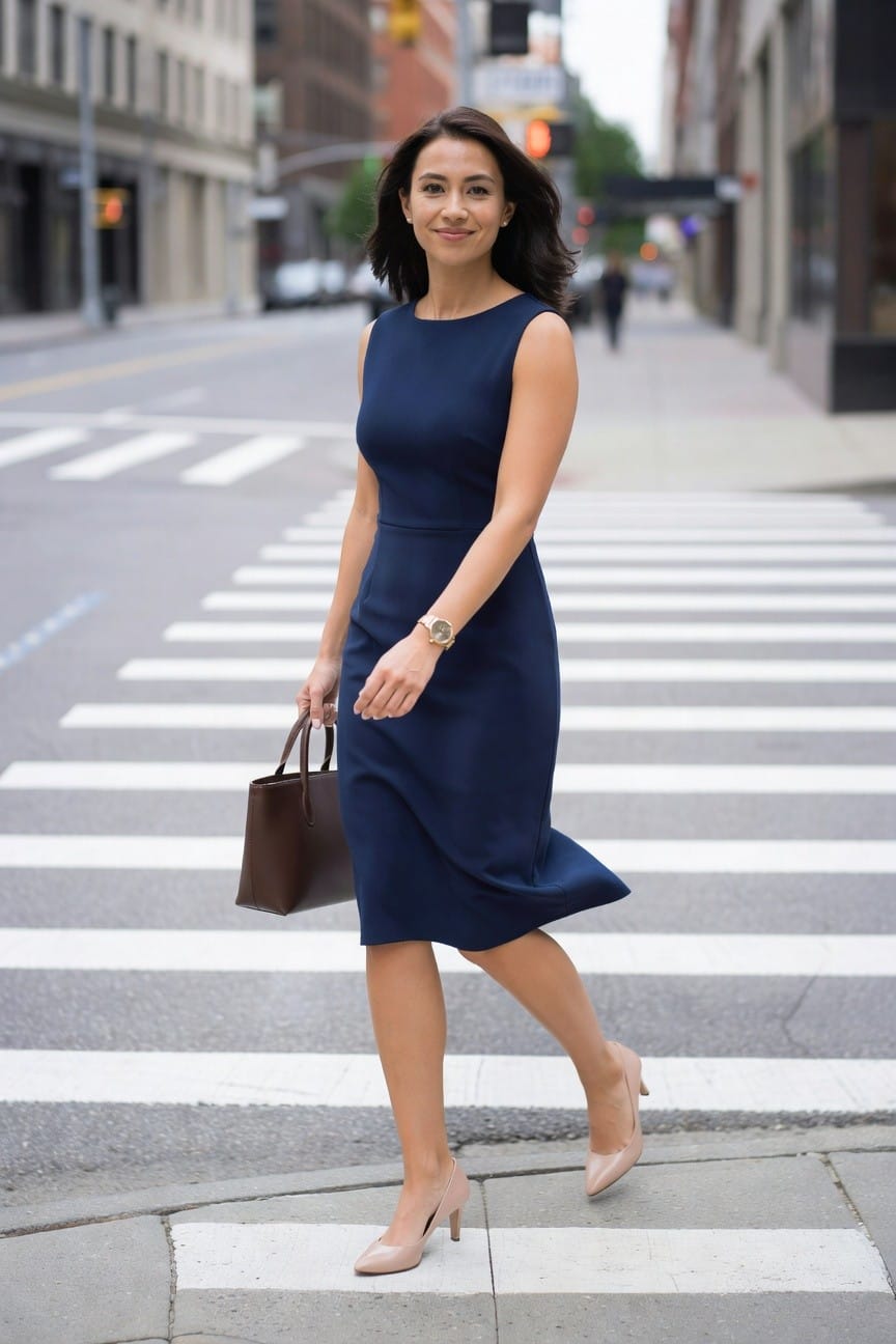 Woman in navy dress crossing city street with brown handbag.