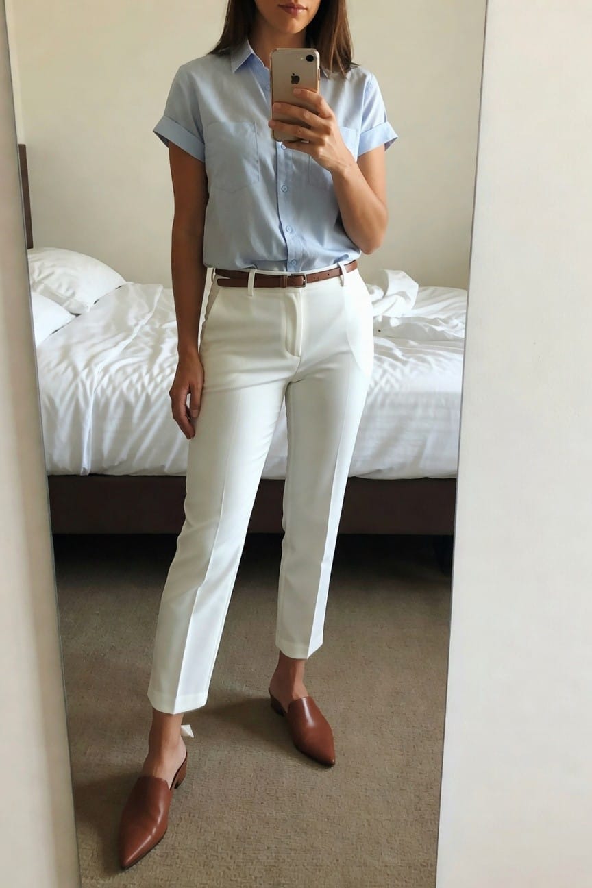 Woman in light blue shirt and white pants taking a mirror selfie.