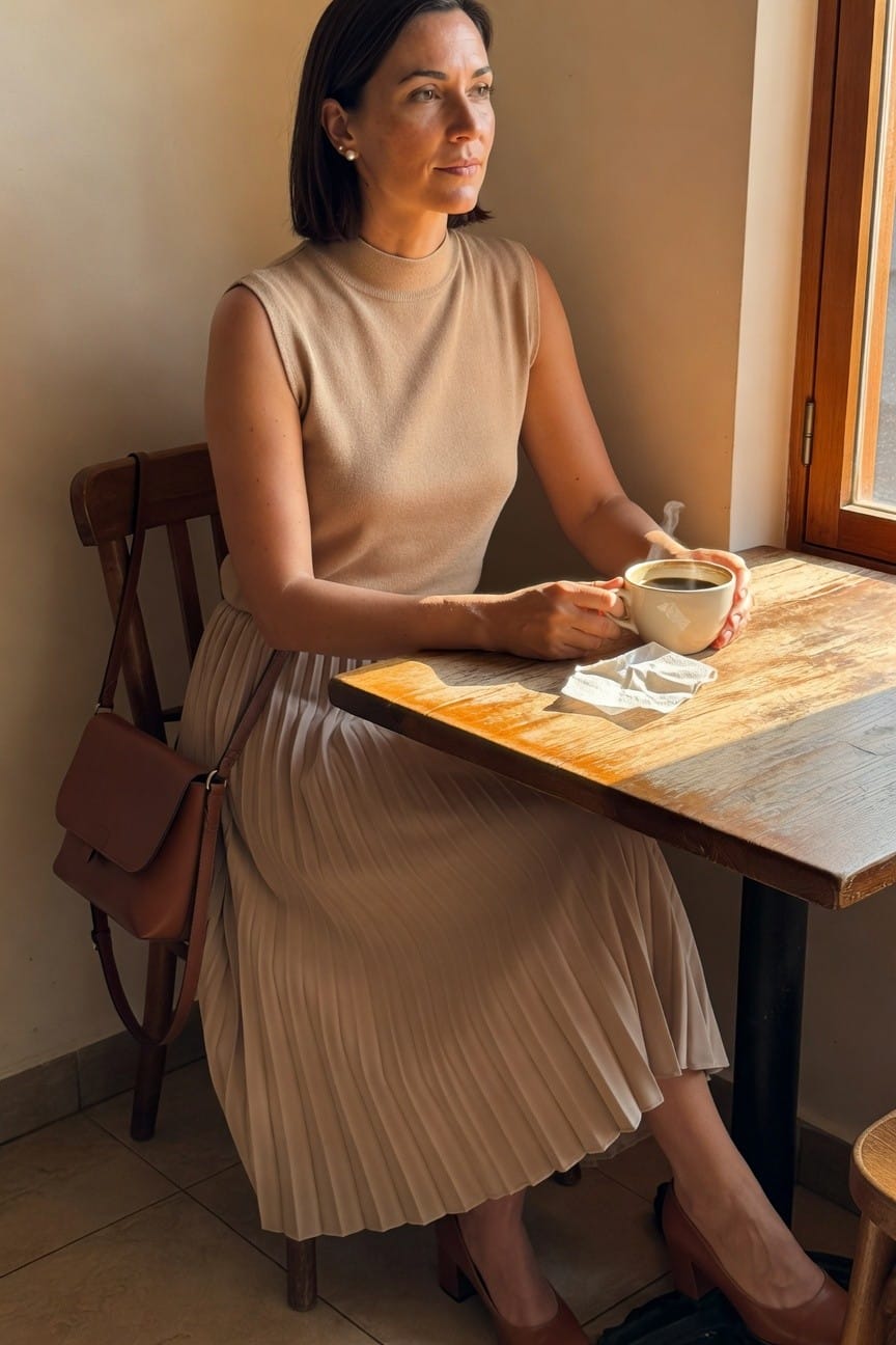 Woman in beige pleated dress holding coffee cup at wooden table.