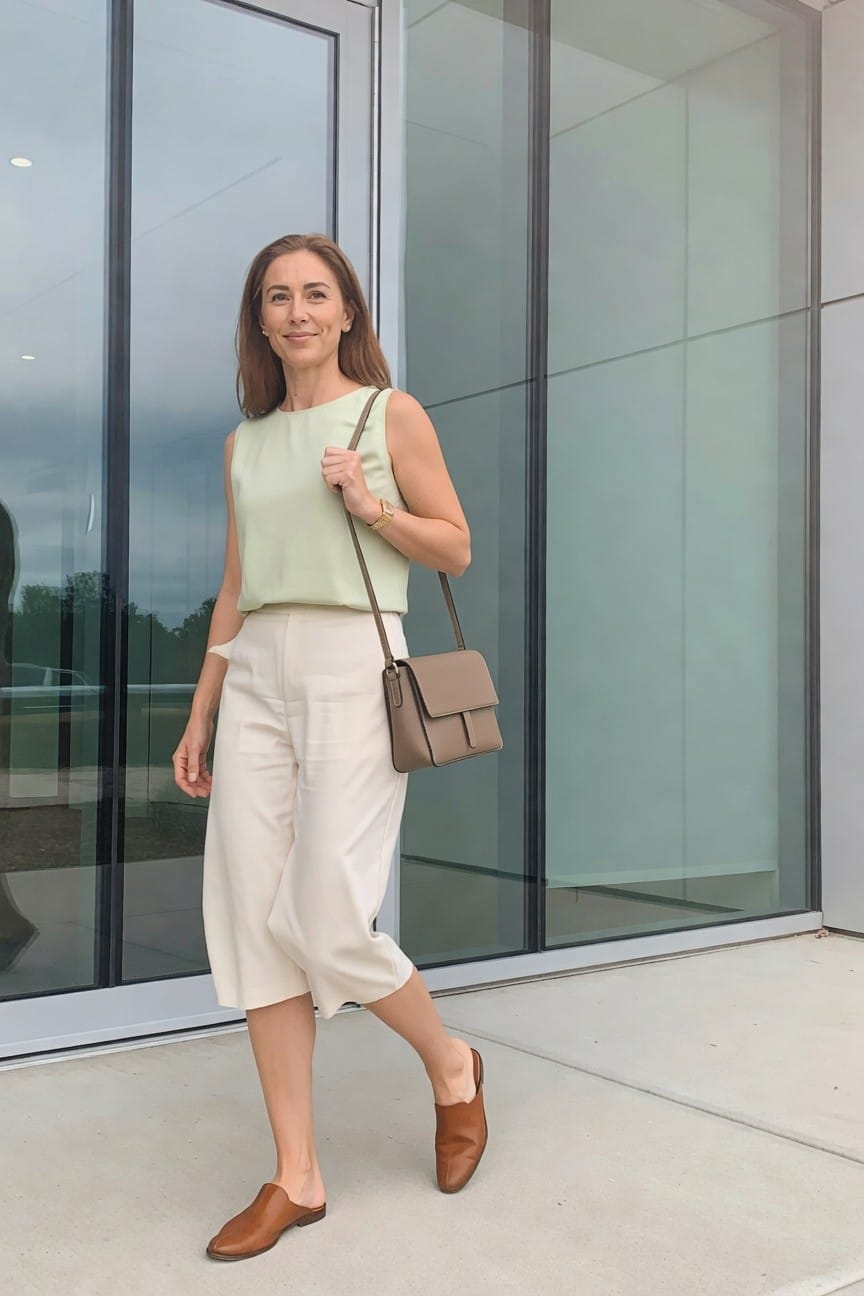 Woman in mint top and cream culottes holds taupe handbag outdoors.