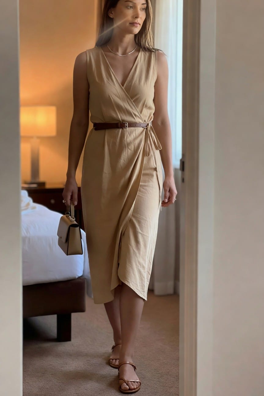 Woman in beige wrap dress with brown belt holding handbag in hotel room.