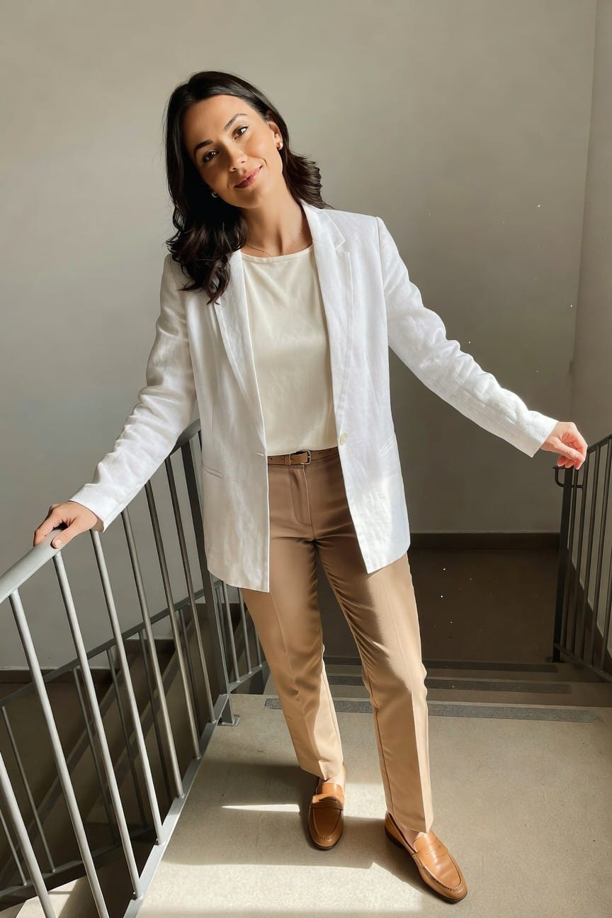 Woman in white blazer and tan pants posing on staircase.
