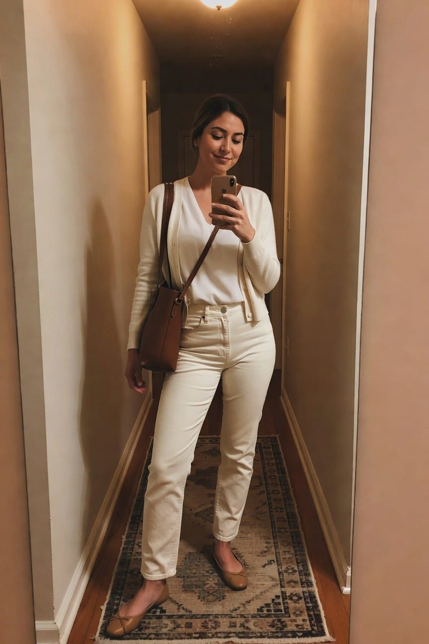 Woman in white outfit taking mirror selfie with brown bag in hallway.