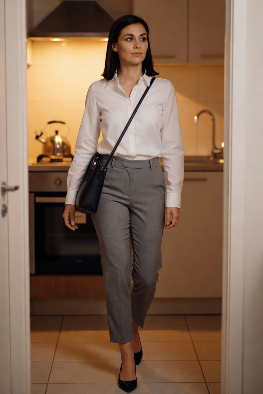 Woman in white shirt and gray trousers with black handbag.