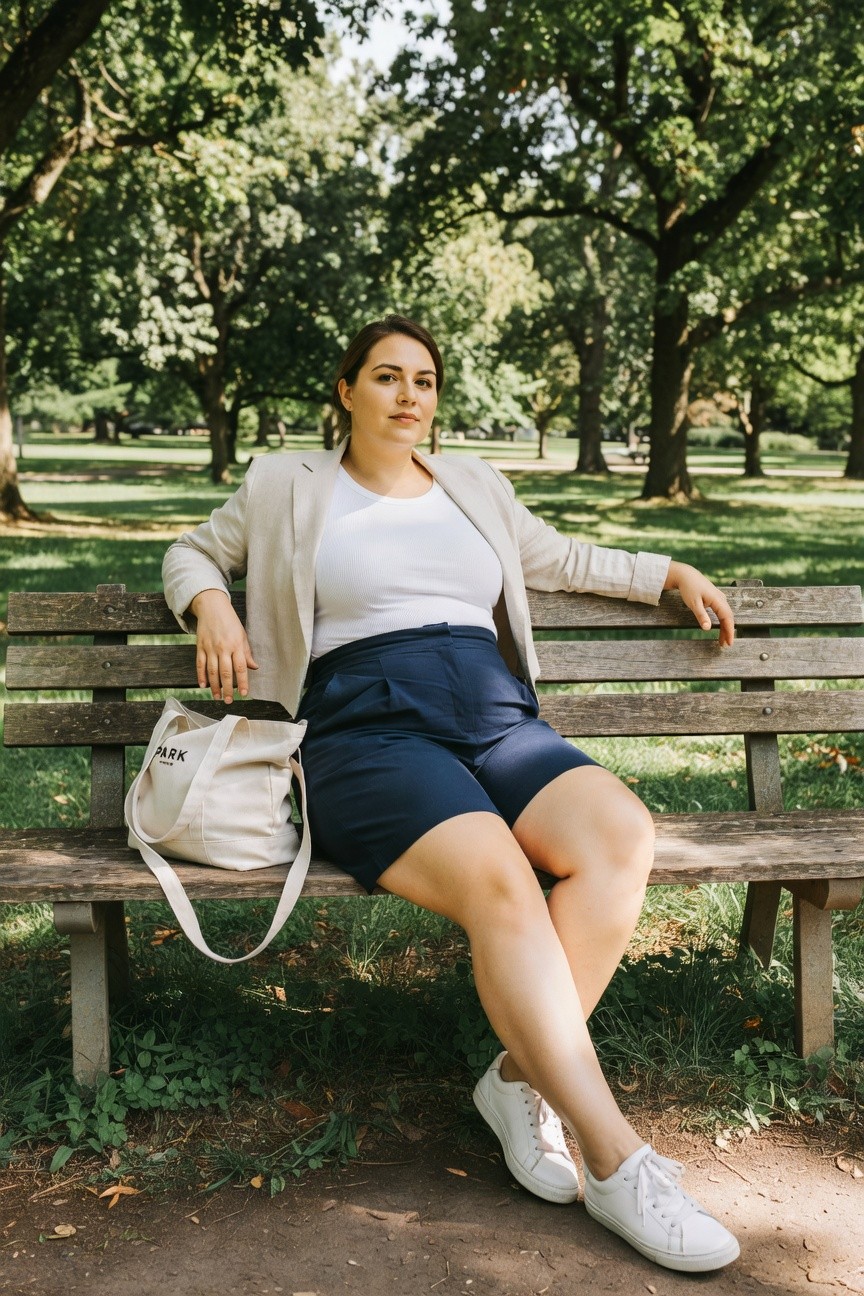 Woman in beige blazer and navy shorts seated on park bench with tote bag.