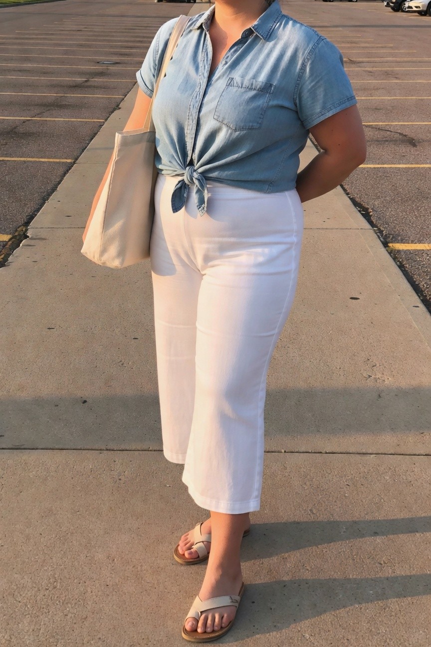 Woman in light blue tied denim shirt and white pants with tote bag.