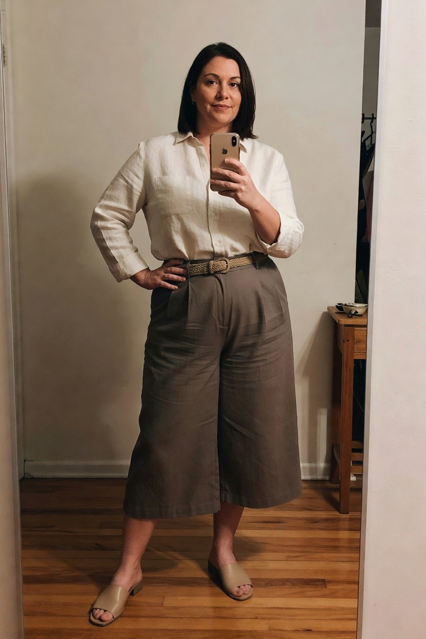 Woman in cream shirt and olive culottes taking a mirror selfie.