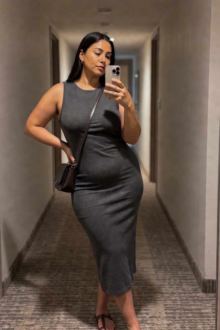 Woman in gray dress taking mirror selfie in hallway.