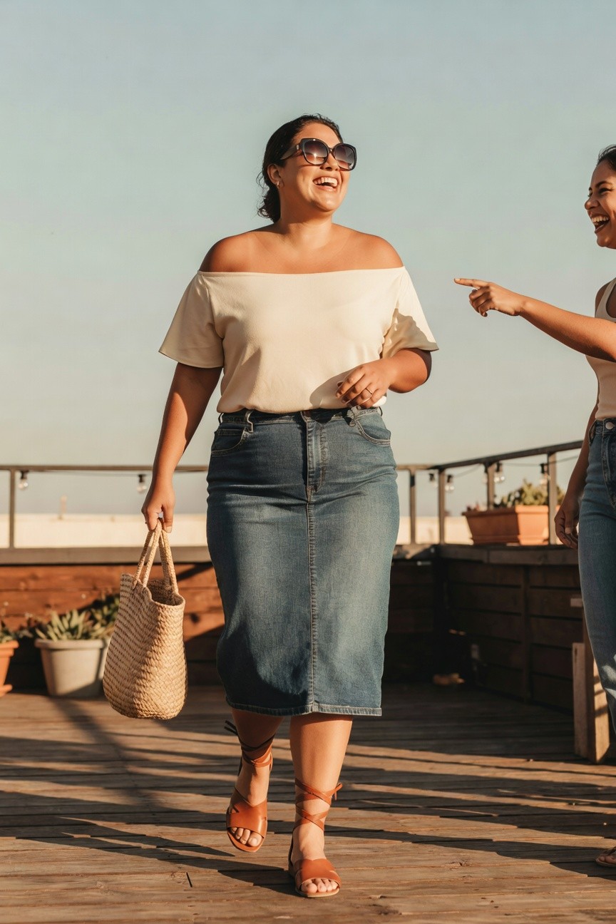 Woman in off-shoulder top and denim skirt laughs on sunny wooden deck.