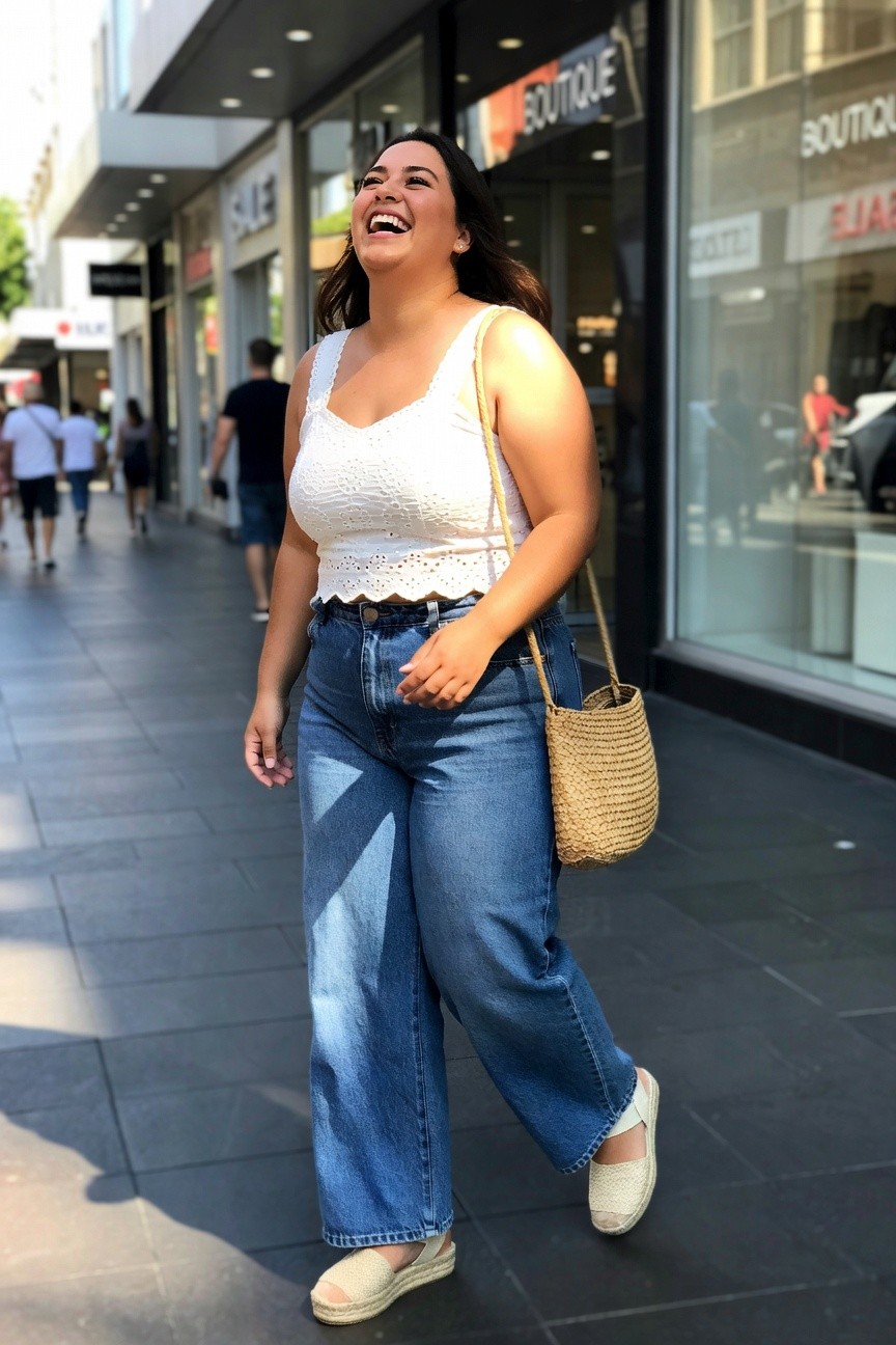 Smiling plus-size woman in white top and wide-leg jeans walking on sidewalk.