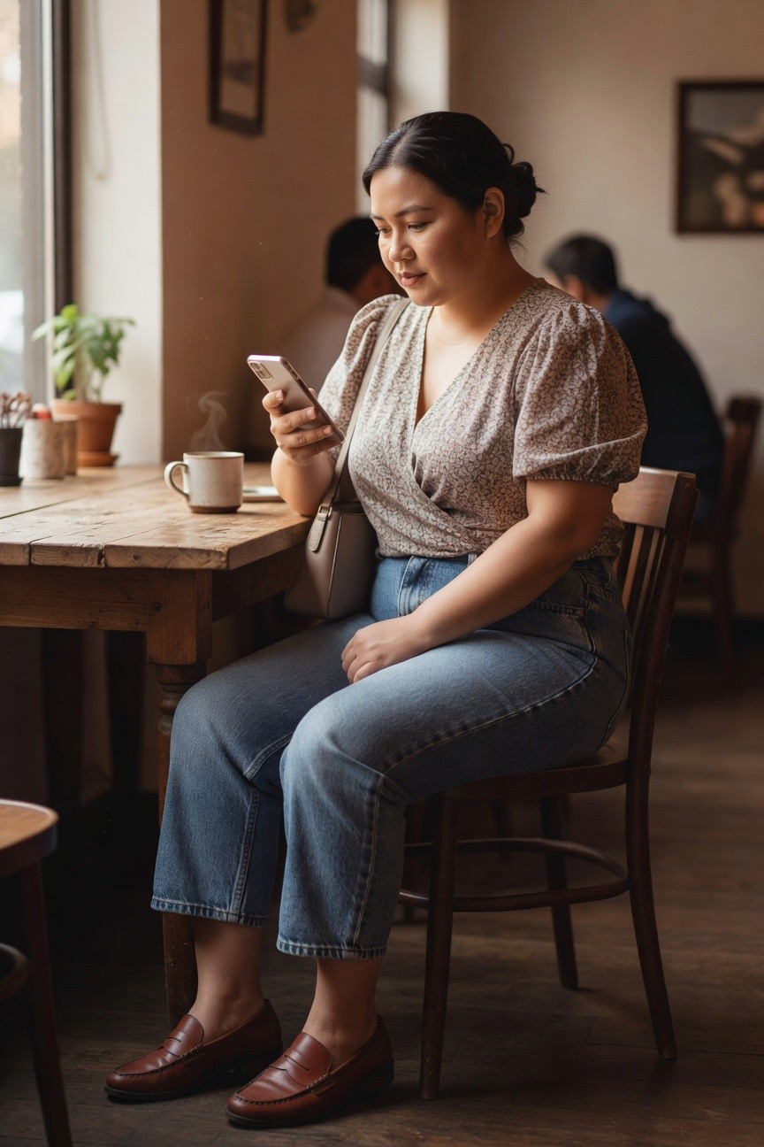 Woman in a floral print wrap top with short sleeves, blue straight leg jeans, brown leather loafers, and a beige crossbody bag sitting at a wooden table while looking at her phone.