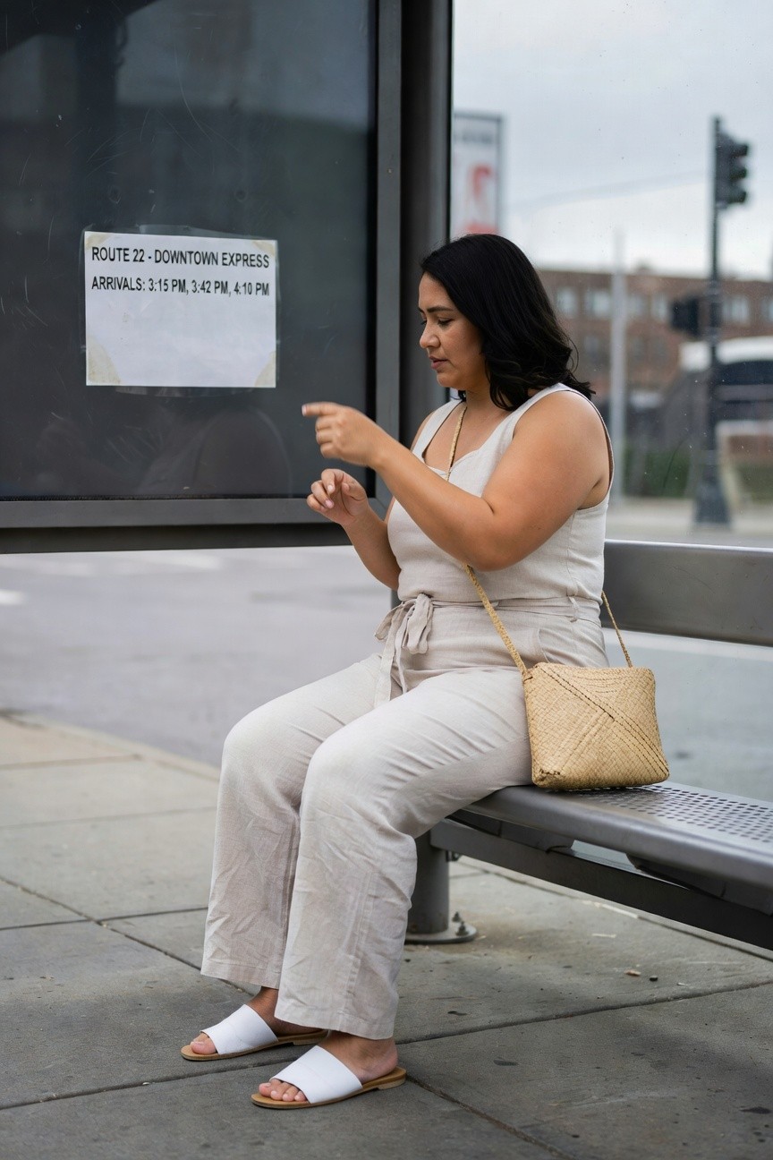 Woman in beige outfit pointing at phone while seated at bus stop.