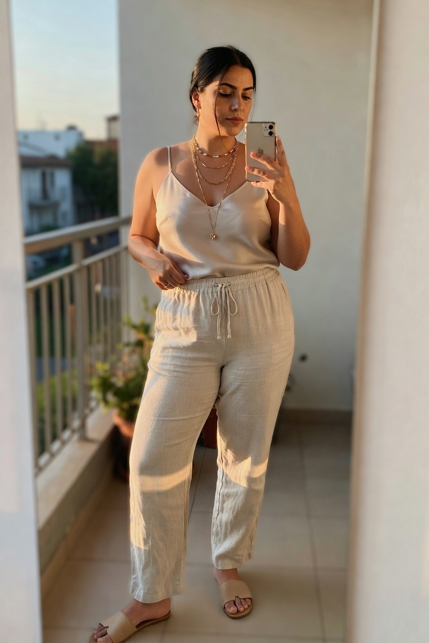 Woman wearing a beige satin camisole top with layered gold necklaces and matching drawstring linen pants paired with slide sandals in a neutral tone.