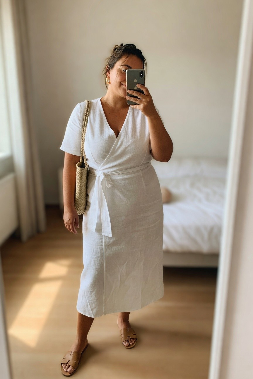 Woman wearing a white short sleeve linen wrap midi dress tied at the waist with brown slide sandals and a woven straw shoulder bag taking a mirror selfie.