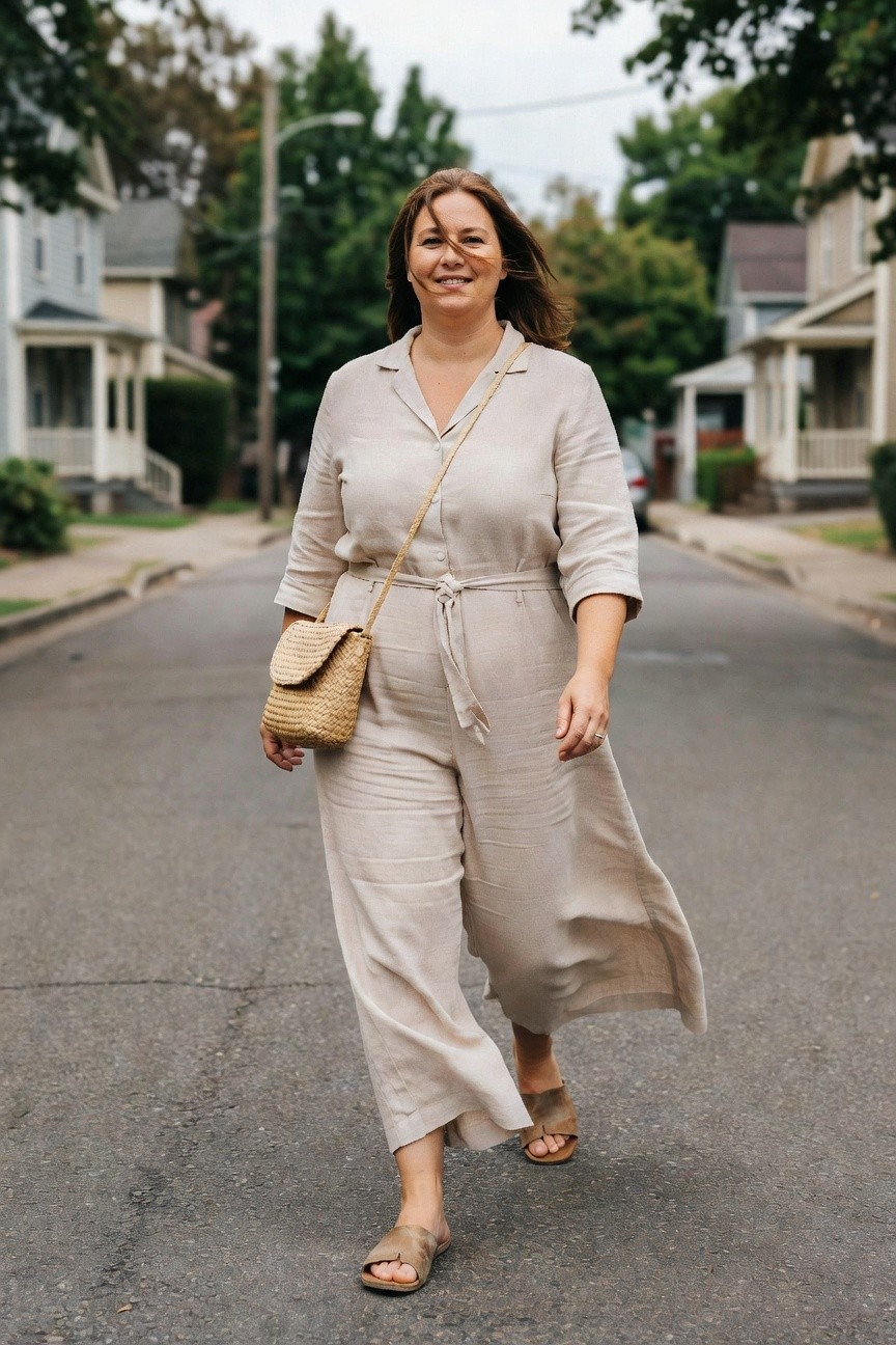 Smiling woman in beige linen jumpsuit with woven bag on suburban street.