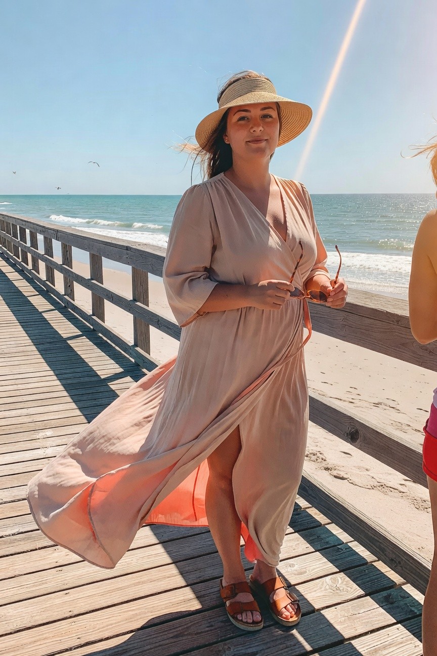 Woman in flowing beige dress and sunhat on sunny beach boardwalk.