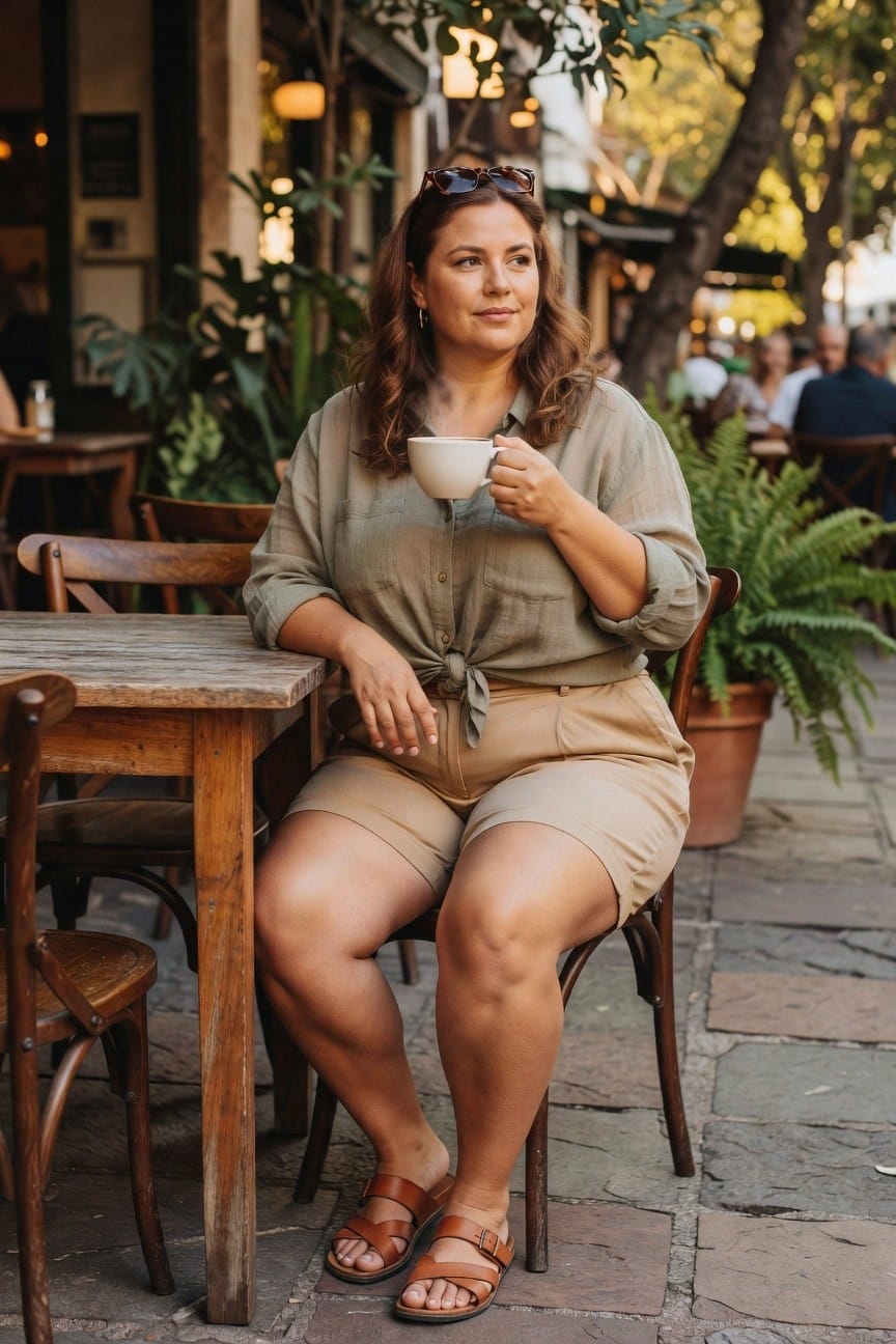 Woman in green shirt and beige shorts holding a coffee cup outdoors.