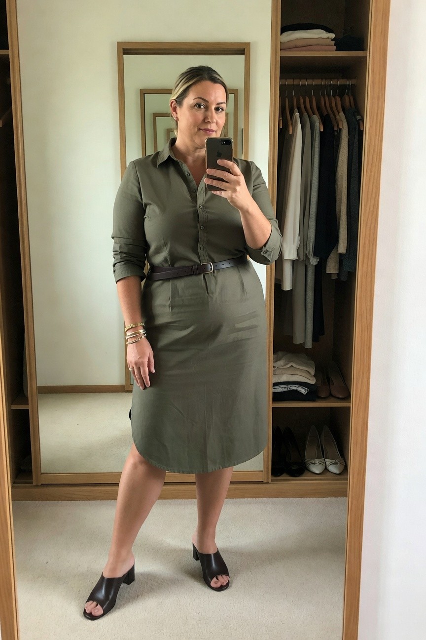 Woman in olive shirt dress taking a mirror selfie in a closet.