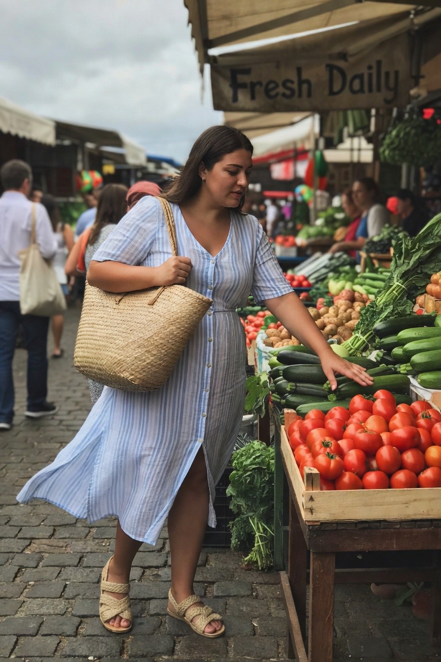 Woman in striped dress reaching for zucchini at a produce market.
