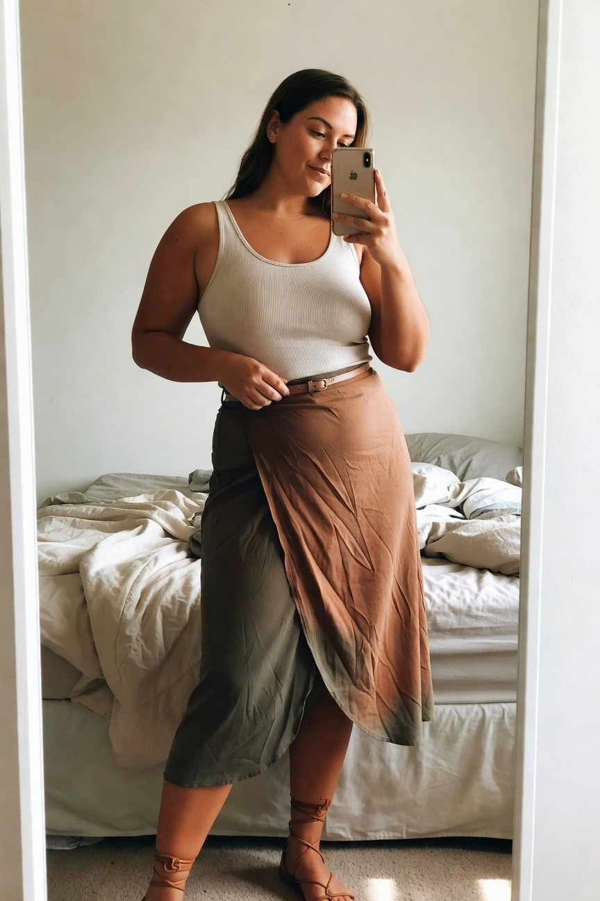 Woman in beige tank top and brown wrap skirt taking a mirror selfie.
