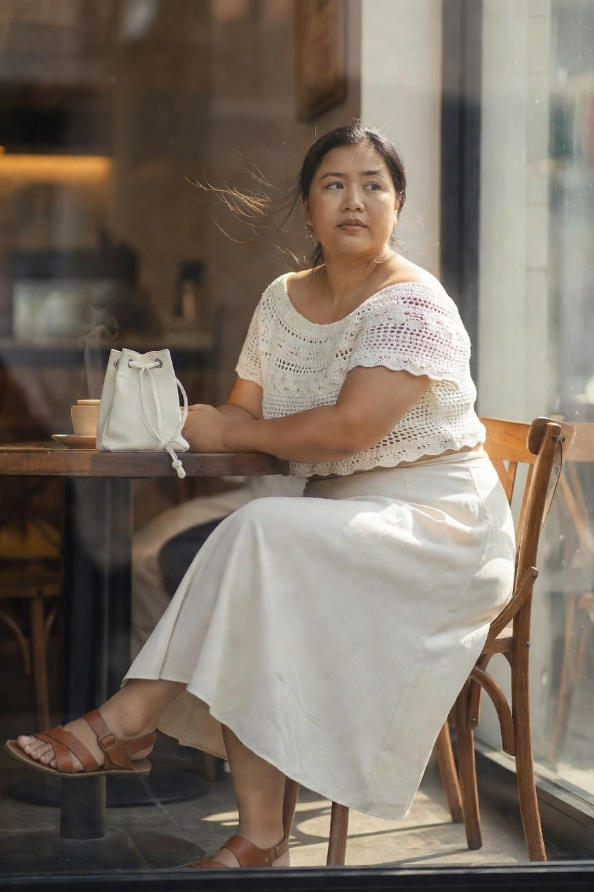 Plus size woman wearing white off shoulder crochet top tucked into white midi skirt with brown strappy sandals and white bucket bag seated at a wooden table indoors.