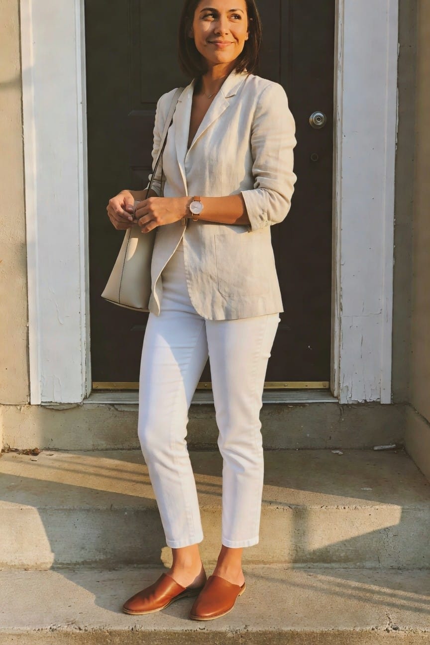 Woman in white linen suit holding beige bag on stone steps.