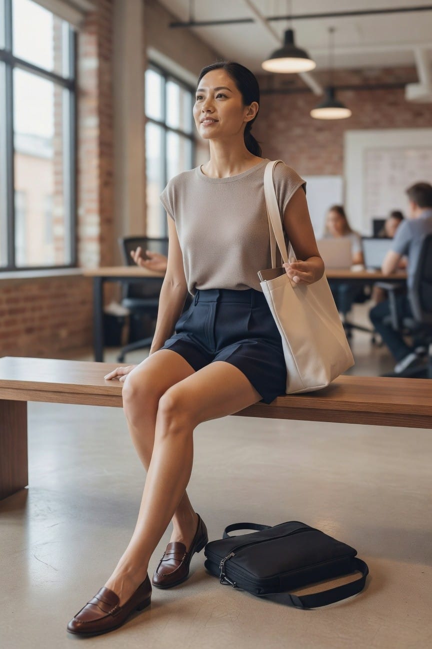 Woman in beige top and navy shorts sits on bench with white tote bag.