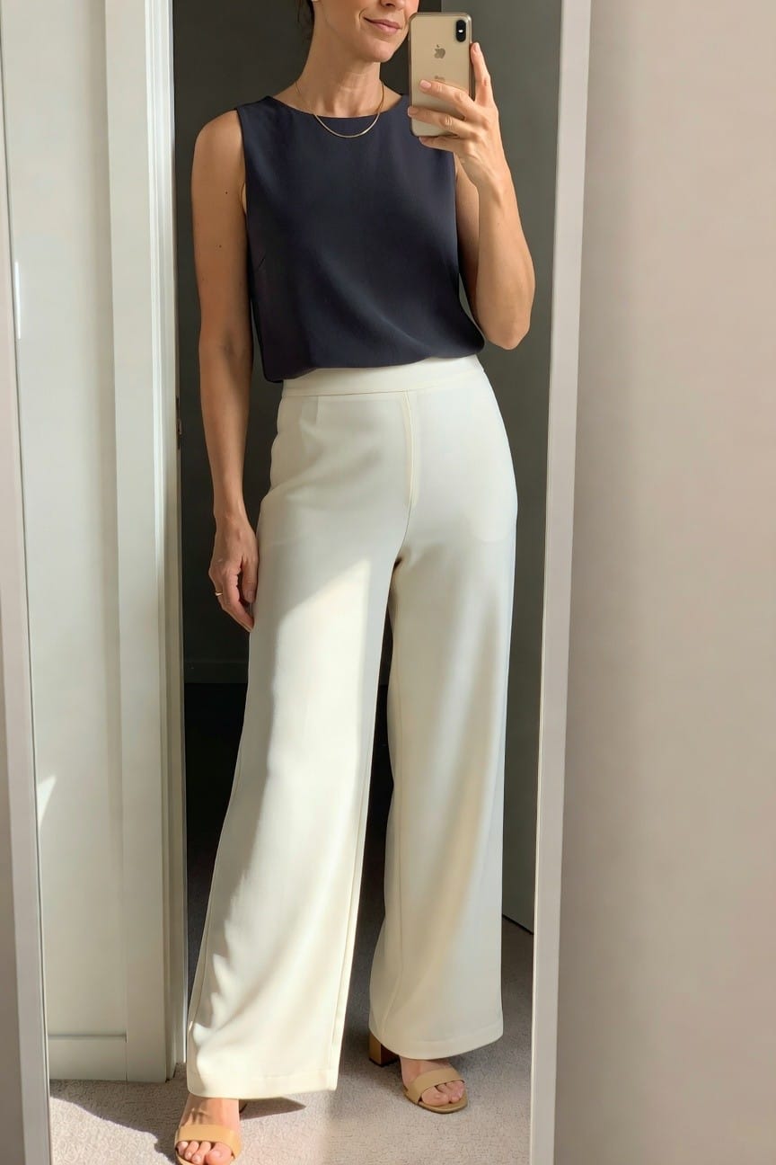 Woman in navy sleeveless top and white wide-leg pants taking a mirror selfie.