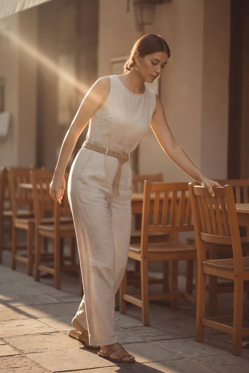 Woman in cream linen outfit reaching for a wooden chair outdoors.